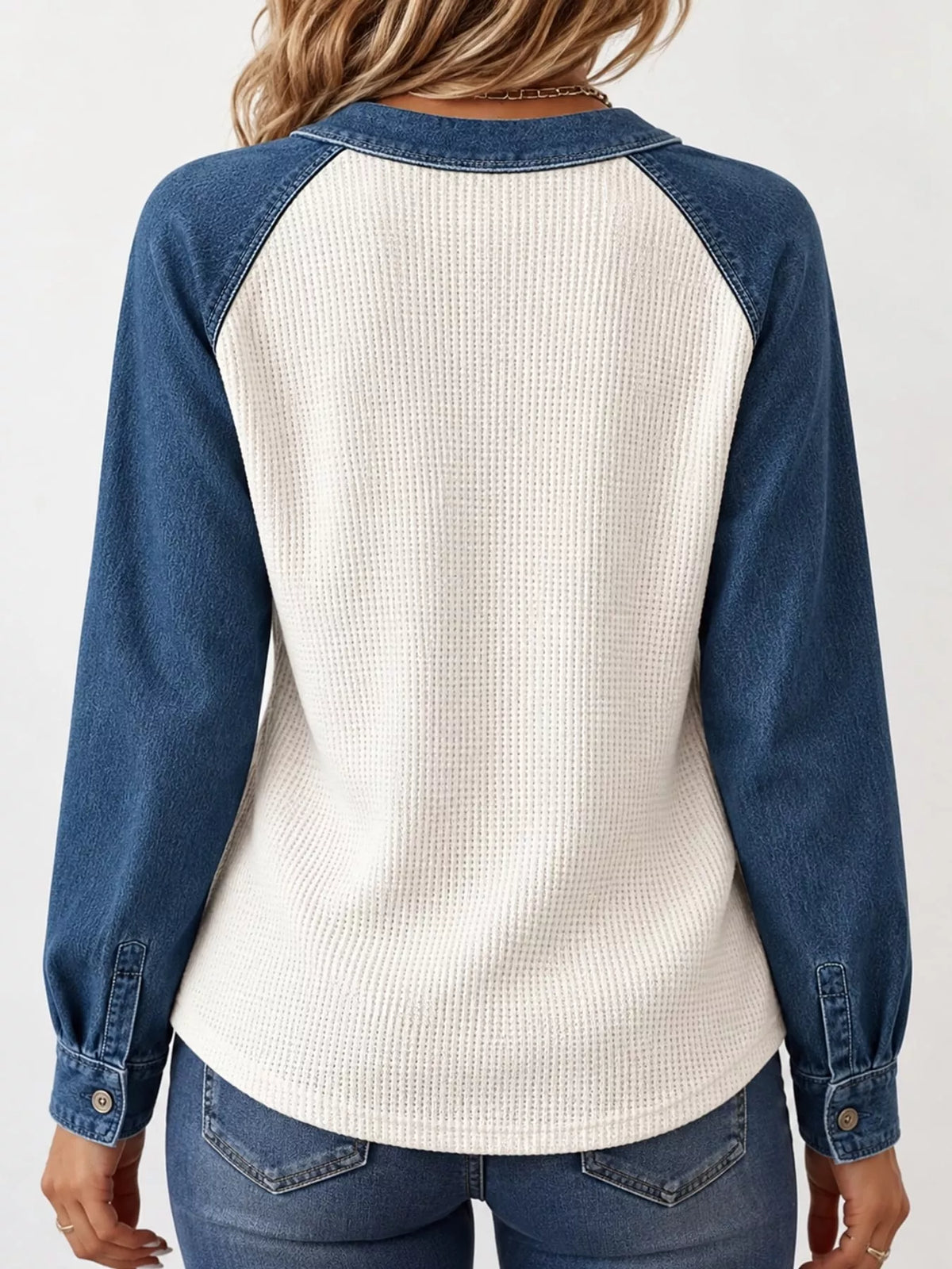 Full Size Waffle Knit Denim Patchwork Button Detail Blouse Plus Size