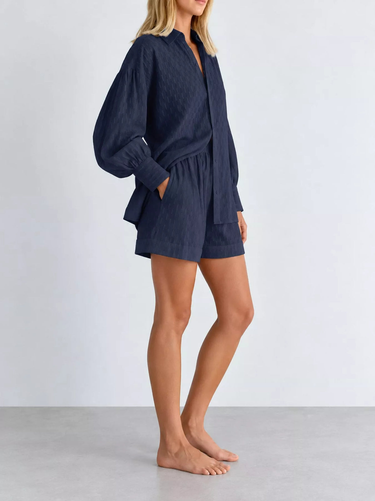 Textured Button-Down Shirt and Shorts Set