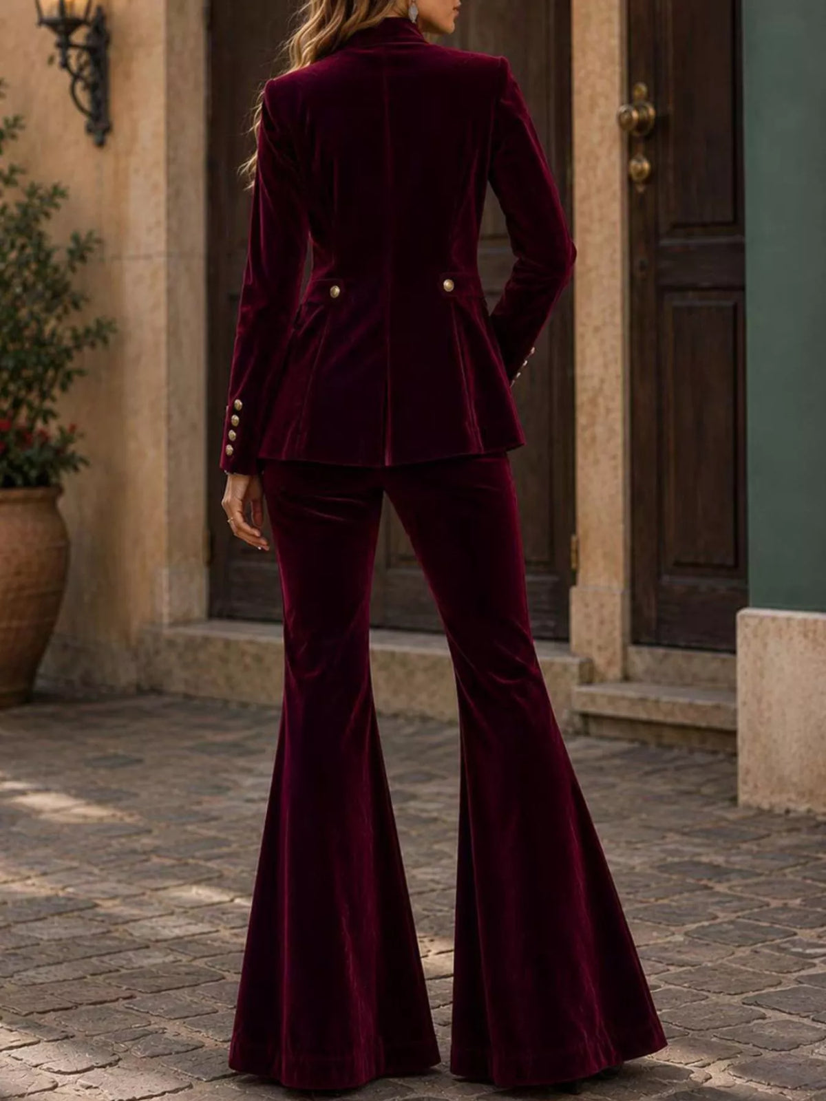Velvet Double-Breasted Blazer and Flare Pants Set