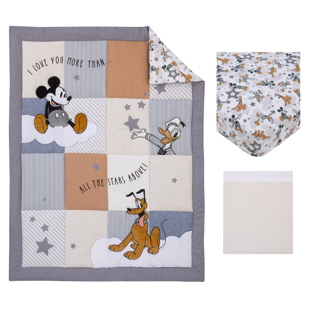 Mickey Mouse Love Mickey Gray, Navy, and Tan Donald Duck and Pluto, Clouds and Stars 3 Piece Nursery Crib Bedding Set - Comforter, Fitted Crib Sheet, and Crib Skirt
