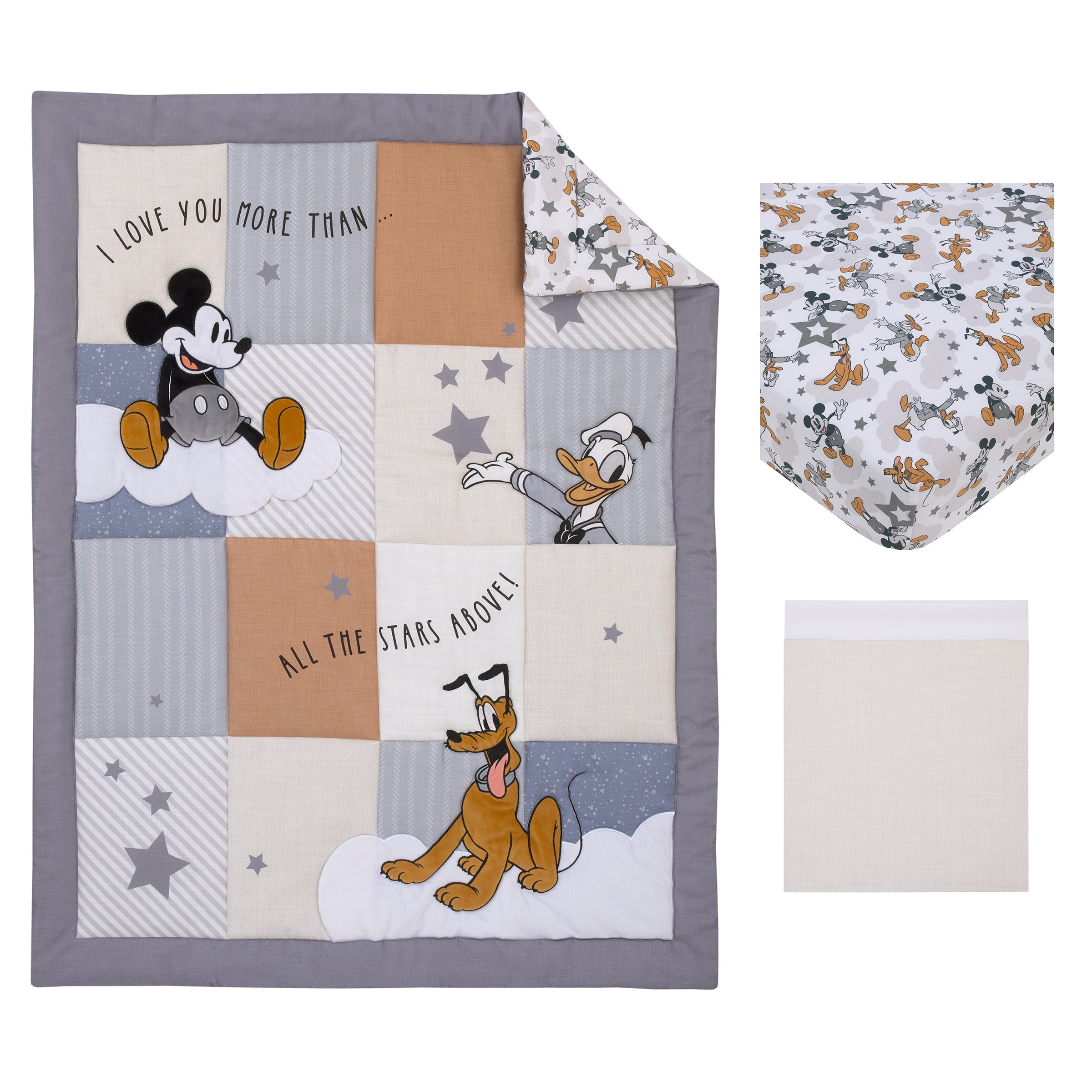 Mickey Mouse Love Mickey Gray, Navy, and Tan Donald Duck and Pluto, Clouds and Stars 3 Piece Nursery Crib Bedding Set - Comforter, Fitted Crib Sheet, and Crib Skirt