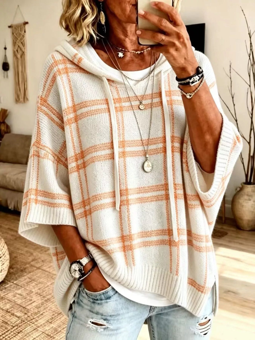 Full Size Drawstring Plaid Hooded Sweater Plus Size