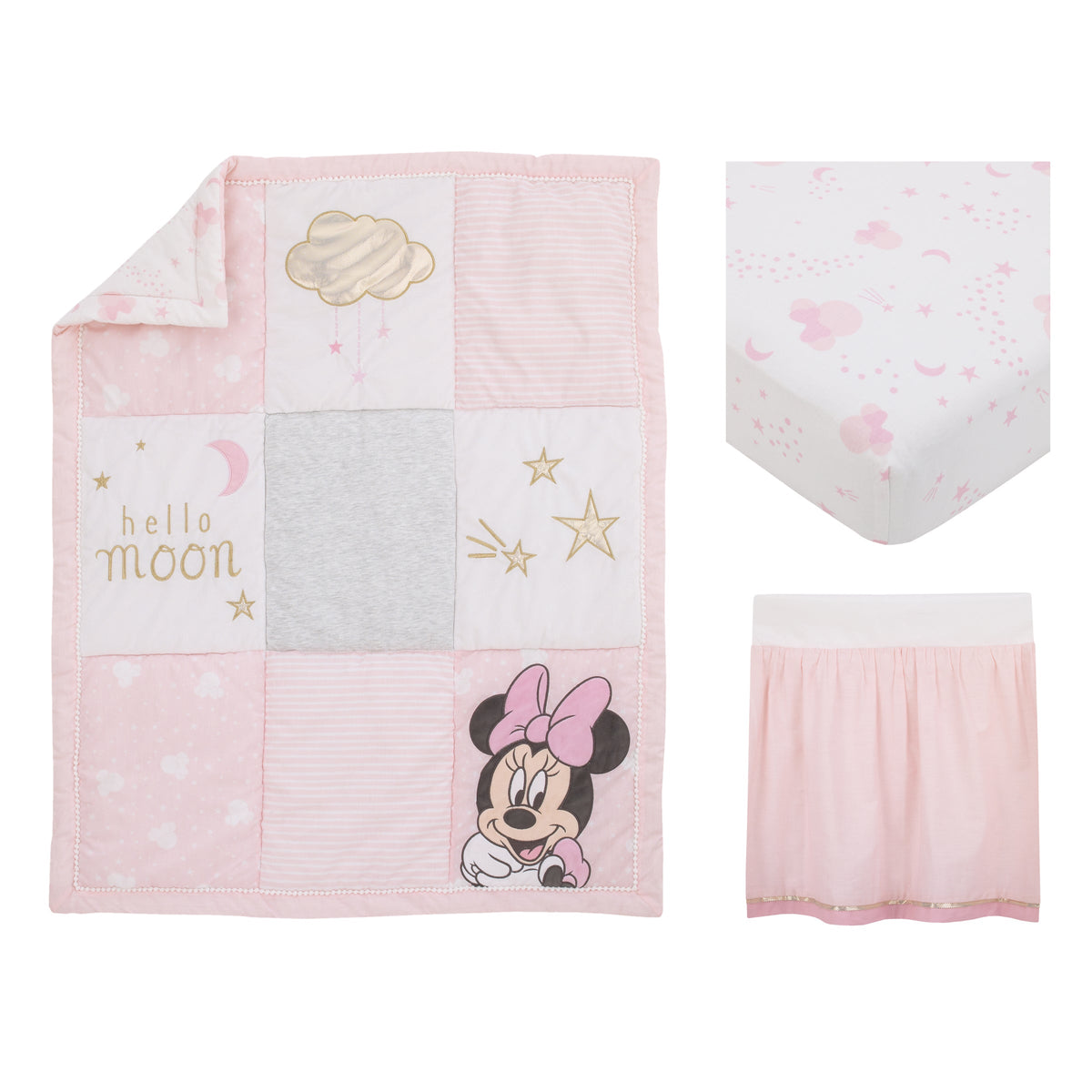 Minnie Mouse Twinkle Twinkle Minnie Pink, White and Metallic Gold 3 Piece Crib Bedding Set