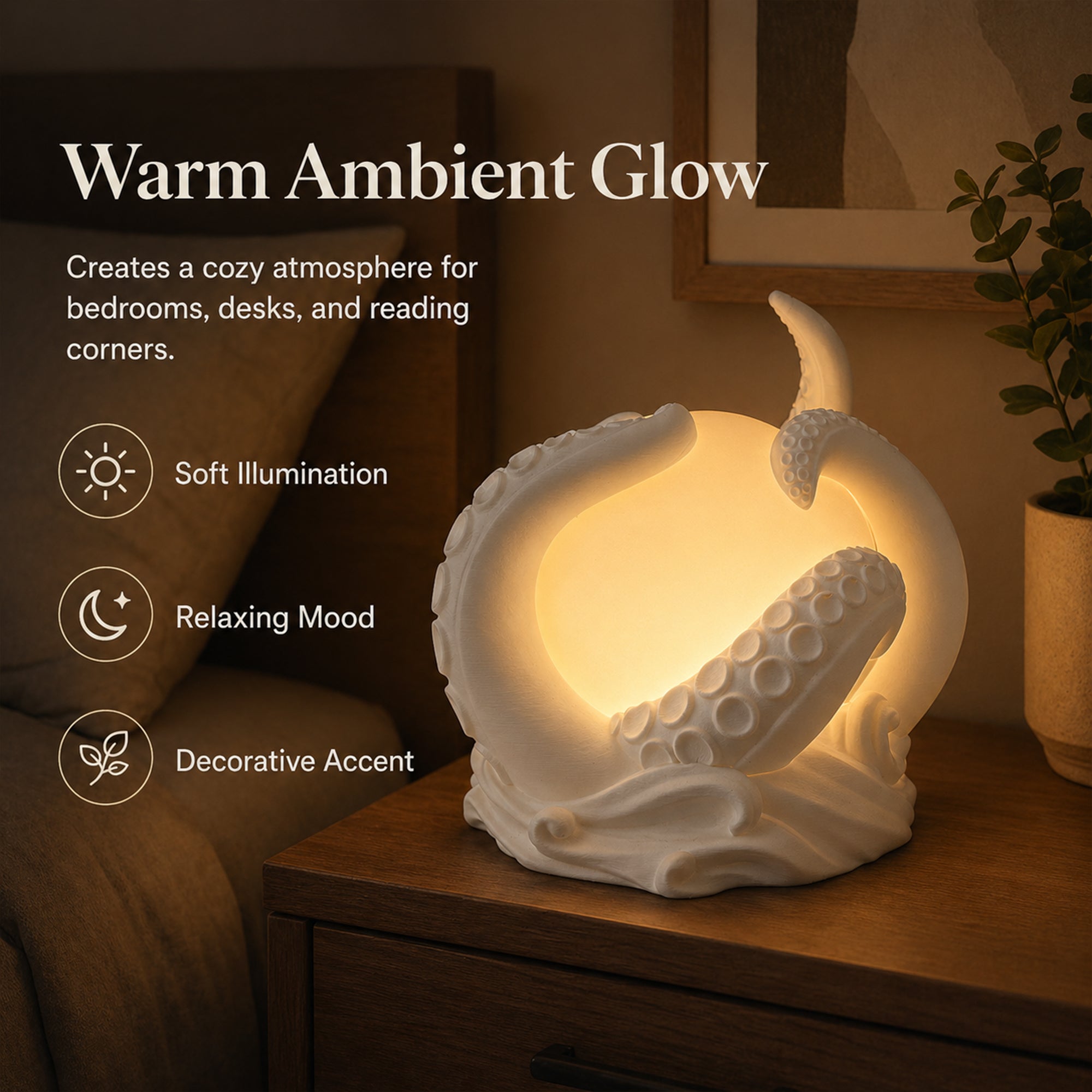 3D Printed Octopus Ambient Table Lamp, Ocean Inspired Warm Glow Decorative Night Light, Sculptural Desk Lamp For Bedroom And Home Decor