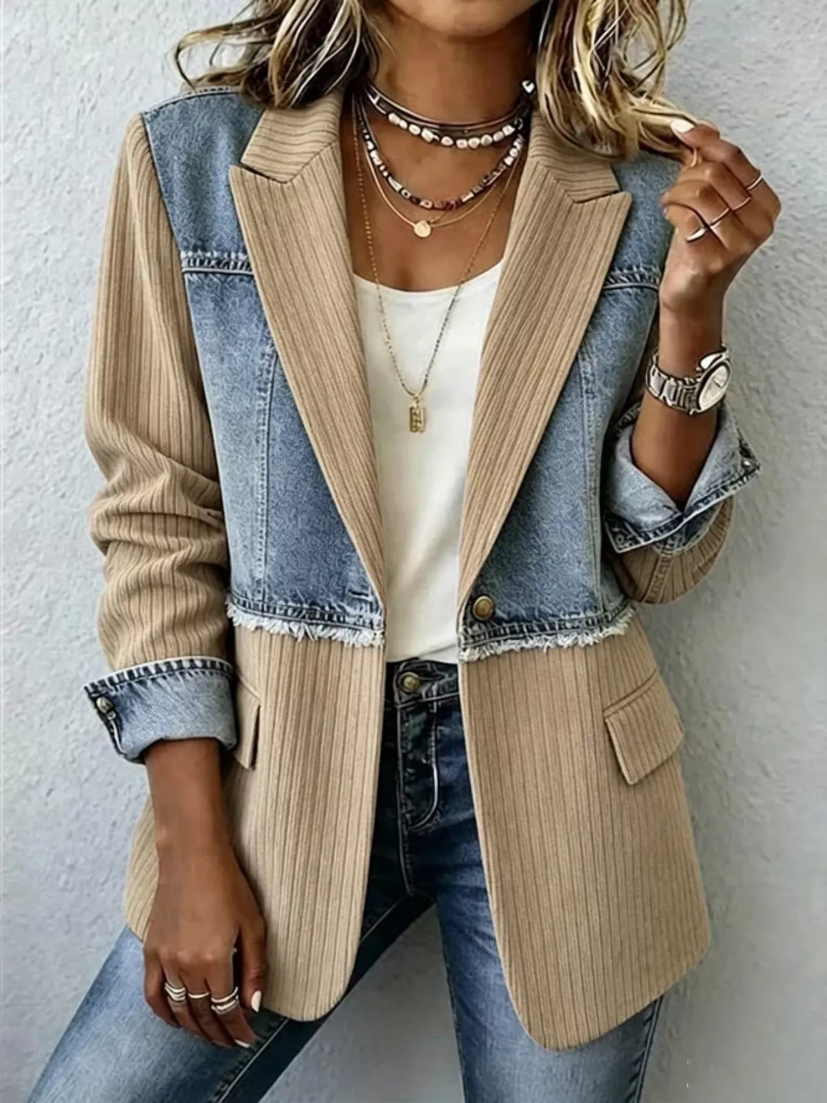 Full Size Patchwork Denim Ribbed Blazer Plus Size