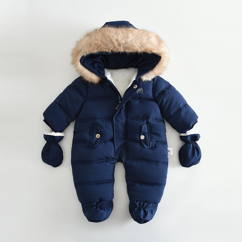 Fleece-lined Thick Large Fur Hooded Baby Jumpsuit