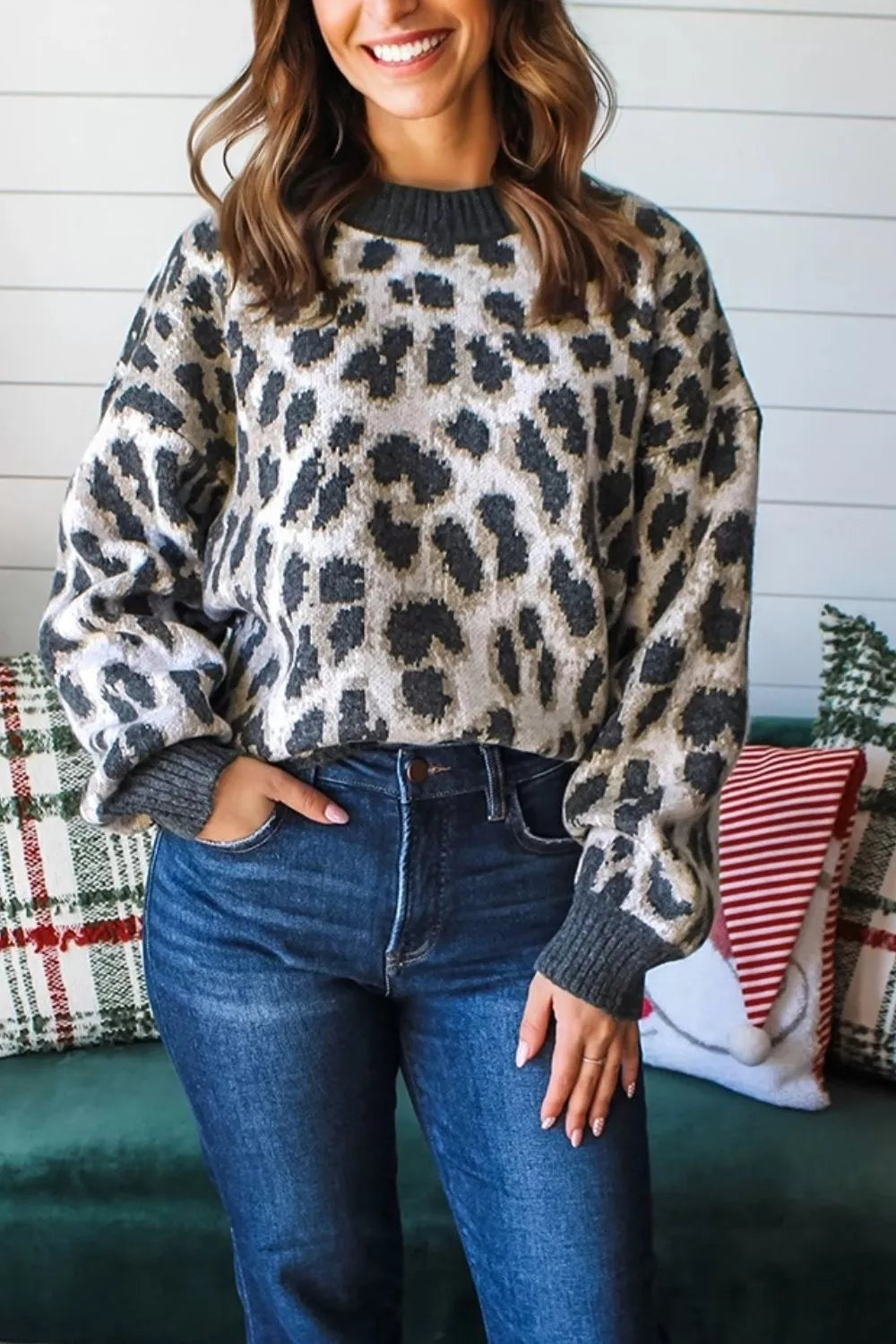 Leopard Drop Shoulder Baggy Sweater
