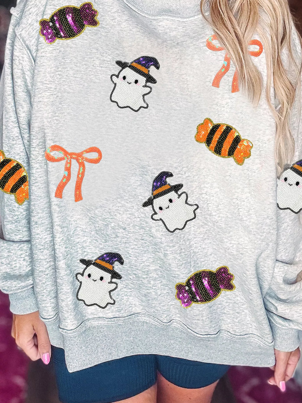 Halloween Sequin Ghost Candy Pullover Graphic Sweatshirt