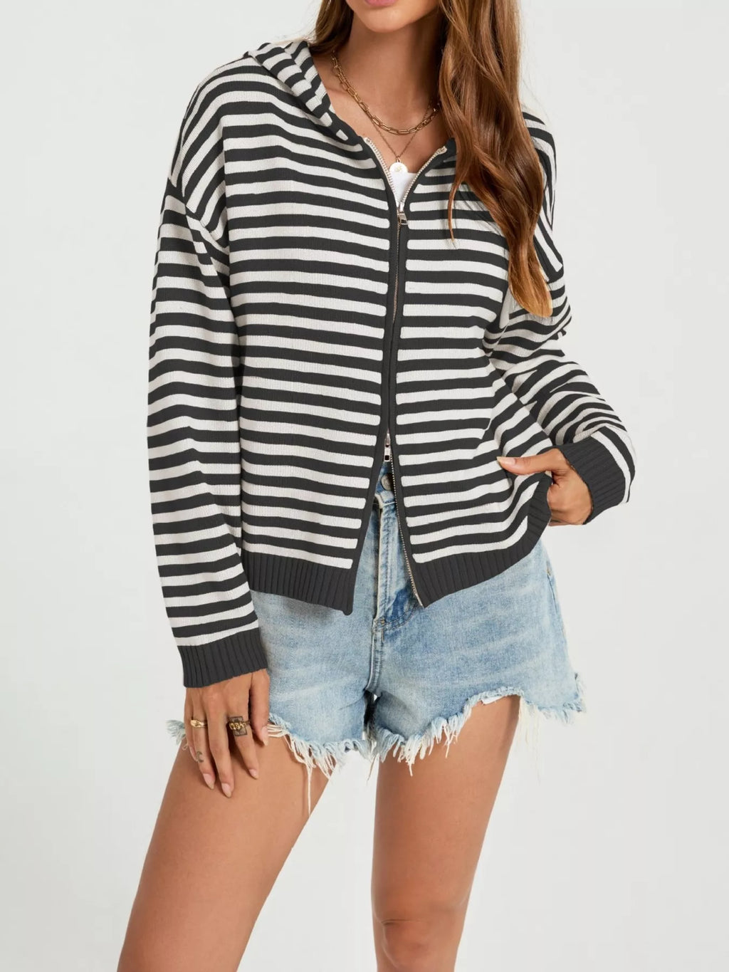 Striped Hooded Zip-Up Knit Cardigan