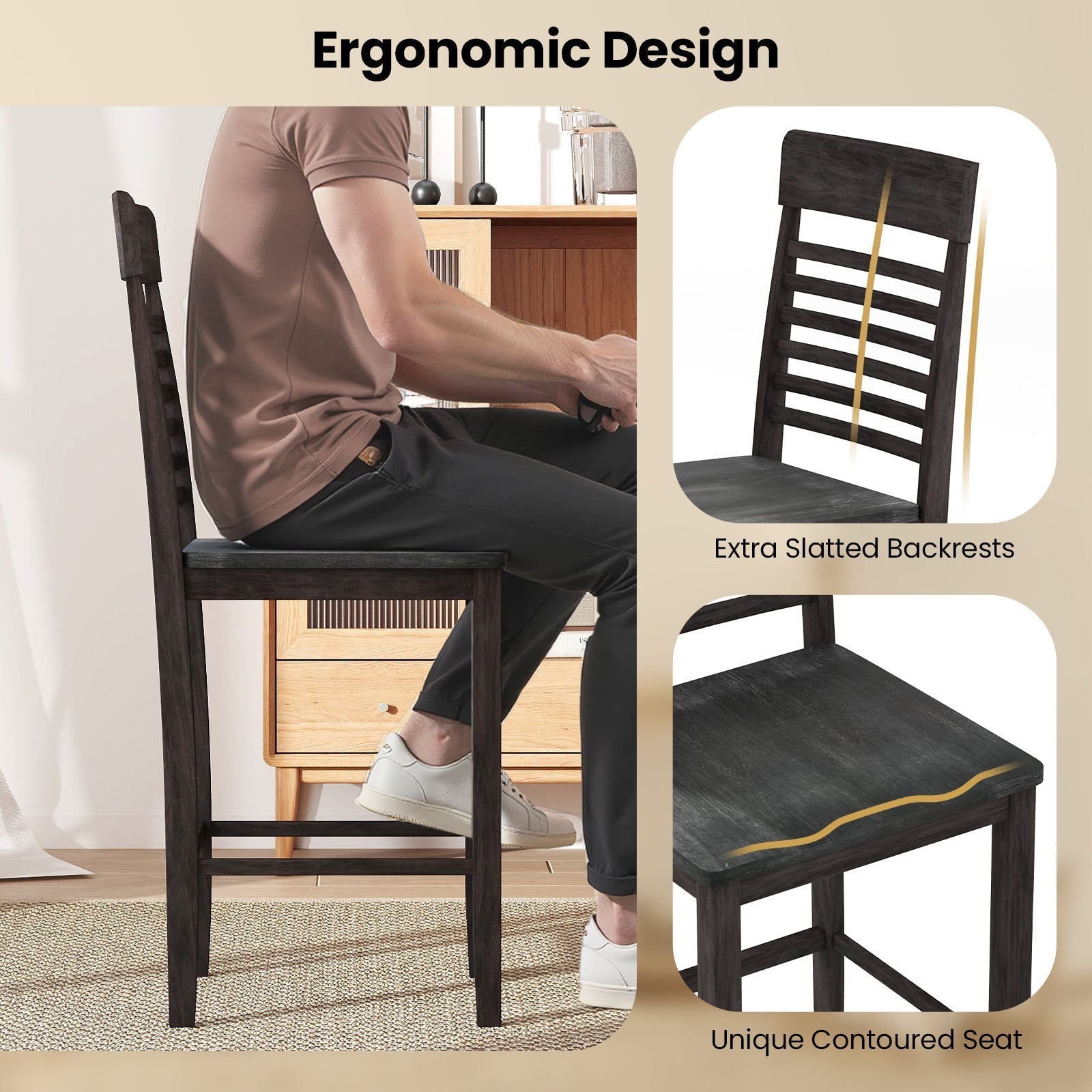 Dining Chair Set of 2 with Footrests and Solid Wood Frame