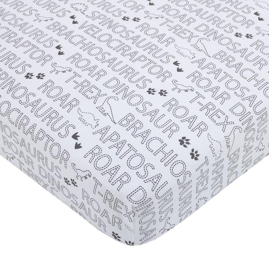 Baby-Saurus Gray, White, and Green Triceratops,  Brontosaurus, and Tyrannosaurus Dinosaurs with Mountains and Leaves 4 Piece Nursery Crib Bedding Set - Comforter, 100% Cotton Fitted Crib Sheet, Crib Skirt, and Storage