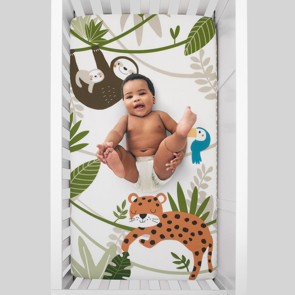 Jungle Gym Green, Brown, and Grey 100% Cotton Photo Op Nursery Fitted Crib Sheet