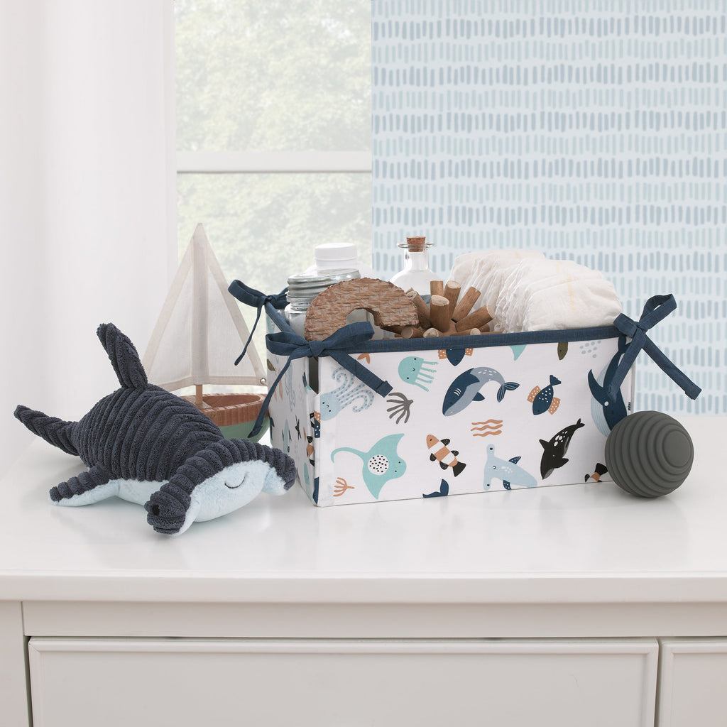 Explore Dream Discover Light Blue, Navy, Gray and Coral Ocean 4 Piece Nursery Crib Bedding Set - Comforter, 100% Cotton Fitted Crib Sheet, Crib Skirt and Nursery Organizer