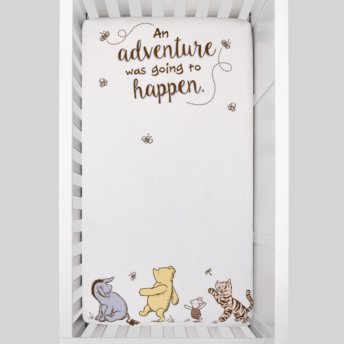 Disney Classic Pooh Hunny Fun with Piglet, Eeyore and Tigger White 100% Cotton Photo Op Nursery Fitted Crib Sheet