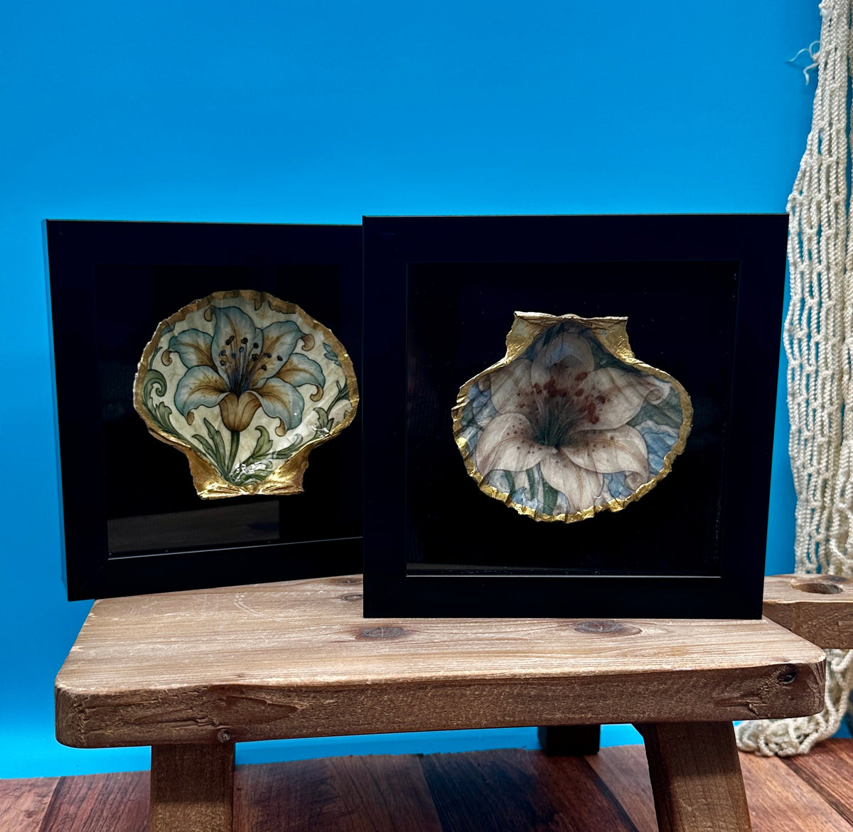 Decoupaged Scallop Shell Black Shadow Box Wall Art