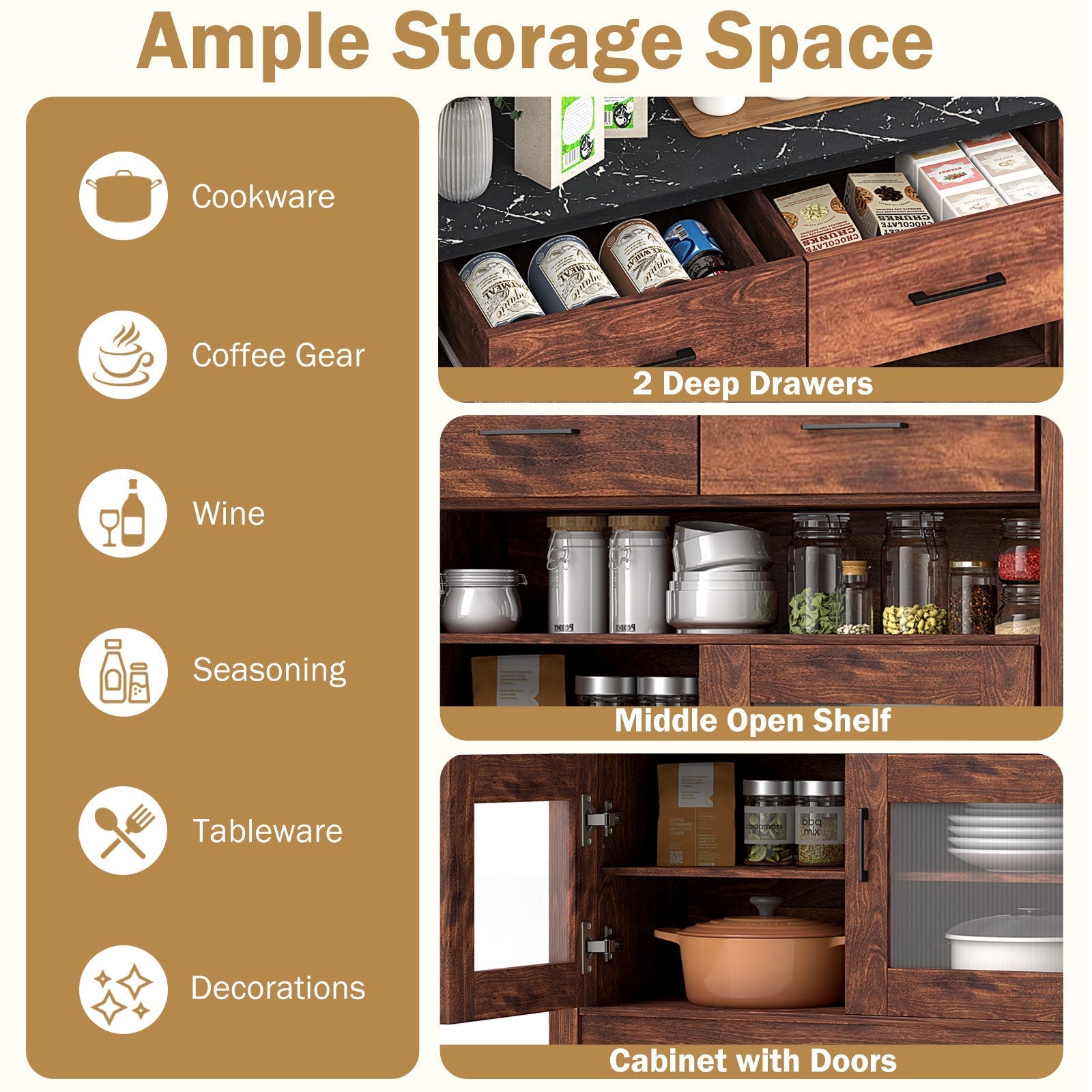 Coffee Bar Cabinet with 2 Drawers and 1 Open Compartment-Brown