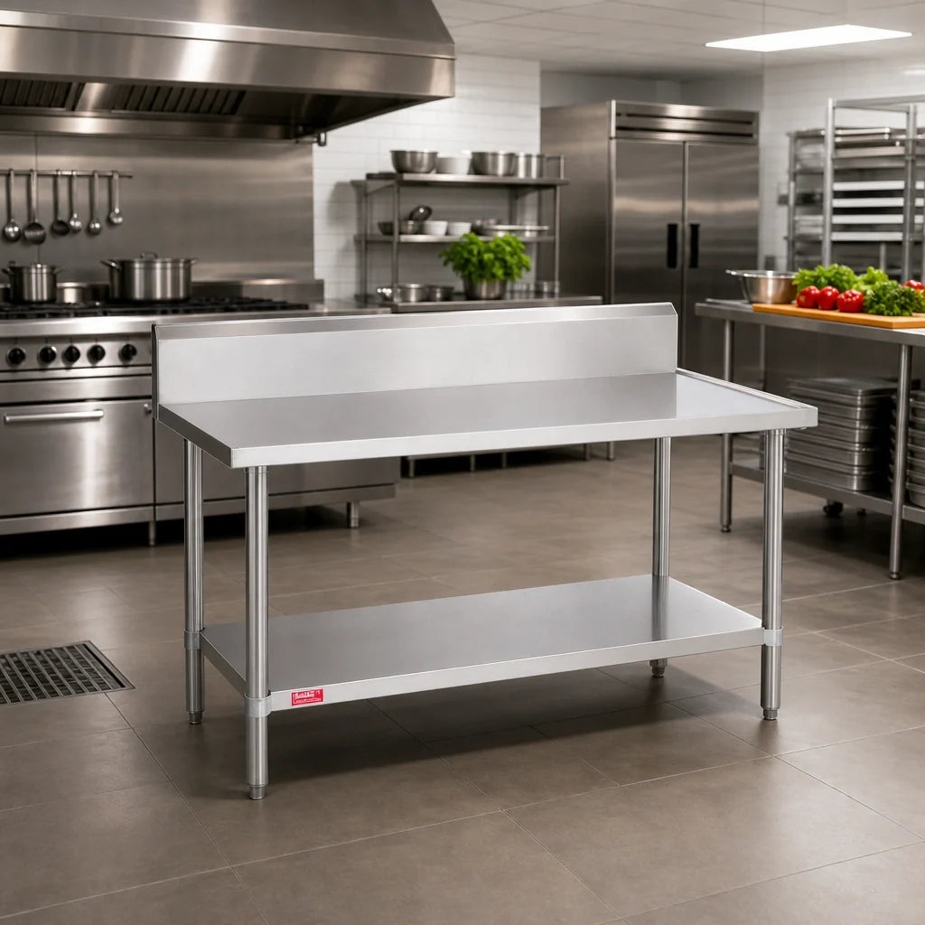Duke 314S-2448-10R Stainless Steel Work Table, 48 x 24 in, 10 in Riser, Undershelf, 14-Gauge 300 Series Top