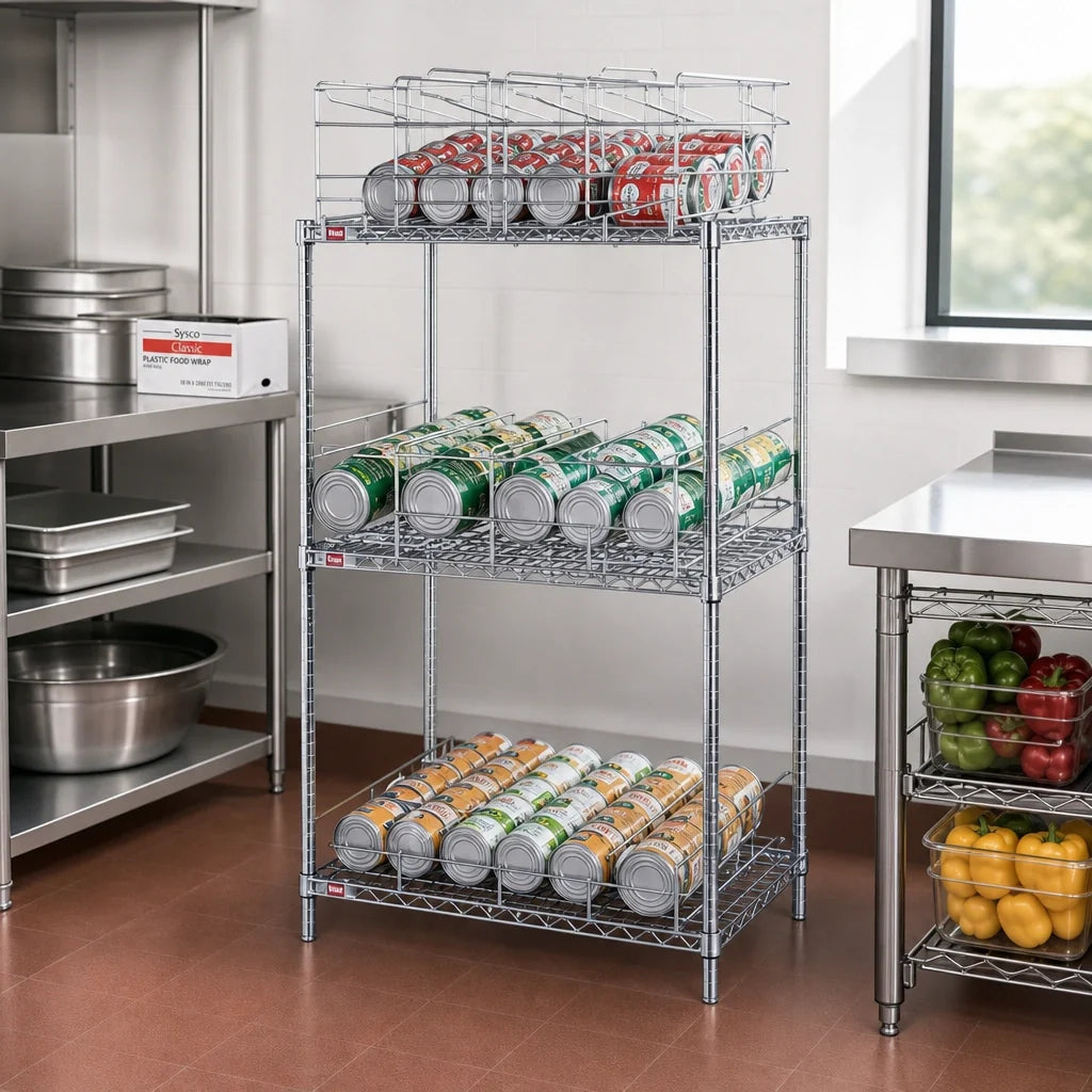 Eagle Group CRC2-X 3-Tier Stationary Can Rack for #10 Cans, 124-Can Capacity, Chrome-Plated Steel, Wire Shelves and Dunnage Rack
