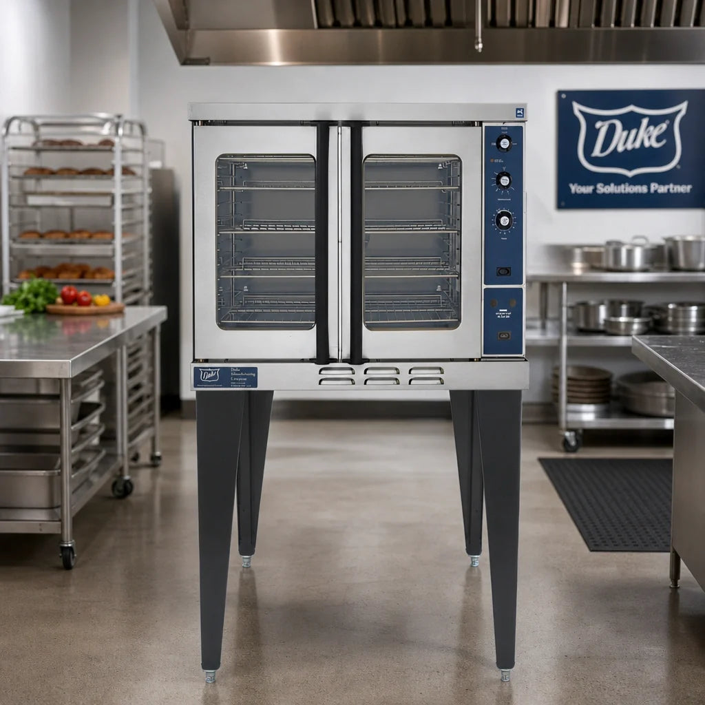 Duke 613Q-E1XX Full-Size Single-Deck Electric Convection Oven with 6-Pan Capacity, Solid-State Controls, 50/50 Doors