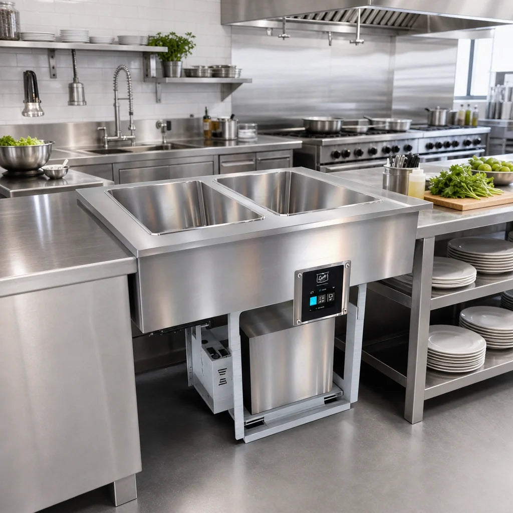 Duke FCP2-SB 2-Section Drop-In Flush-Mount Cold Pan with Self-Contained Refrigeration, 2 Full-Size Pans, Stainless Steel