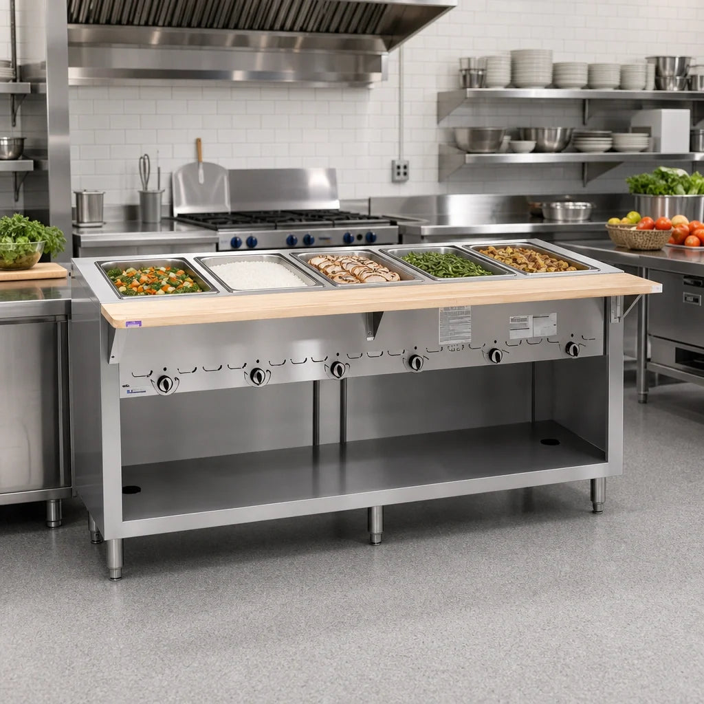 Duke Thurmaduke G-5-CBSS 5-Well Full-Size Gas Dry Heat Steam Table, 74" Stainless Steel, Open Undershelf