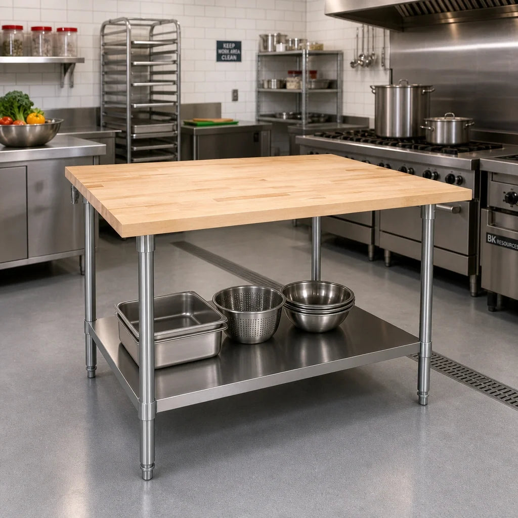 BK Resources MFTS-4836 Hard Maple Top Work Table with Stainless Steel Undershelf, 48"W x 36"D, 1-3/4" Thick