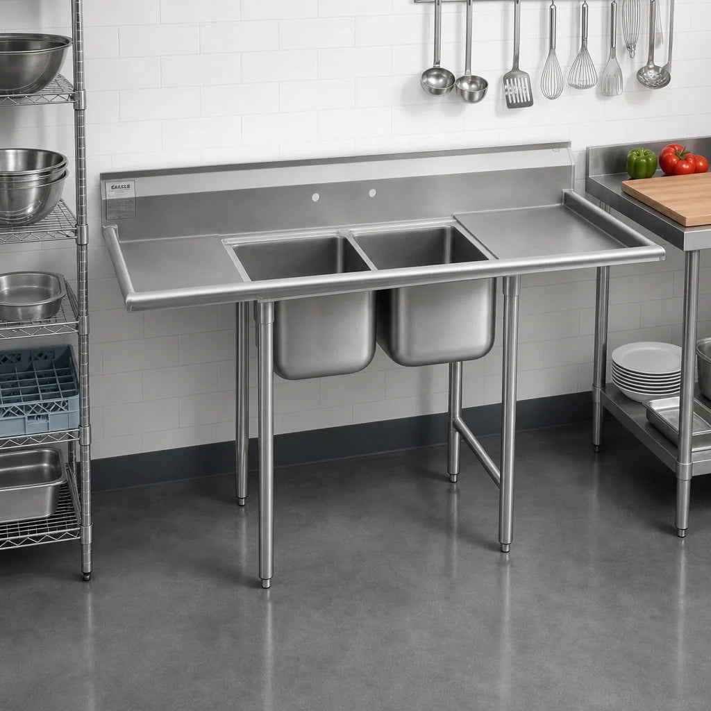 Eagle Group 314-24-2-24R-X 2-Compartment 304 Stainless Steel Sink, Right-Hand Drainboard, 24 x 24 x 13-1/2 Inch Bowls, 9-1/2 Inch Backsplash