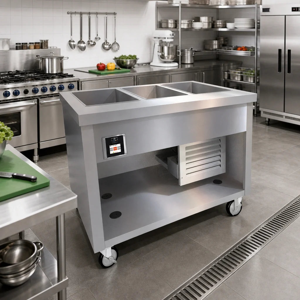 Duke Thurmaduke TFCP-46SS-N7 3-Section Flush-Mount Mobile Refrigerated Cold Pan Unit, 46-Inch, Stainless Steel, R290