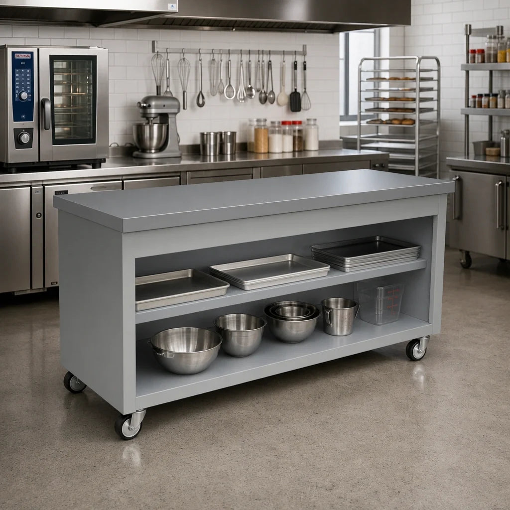 Duke Thurmaduke TST-74SS 74-Inch Stainless Steel Mobile Solid Top Utility Counter with Undershelves