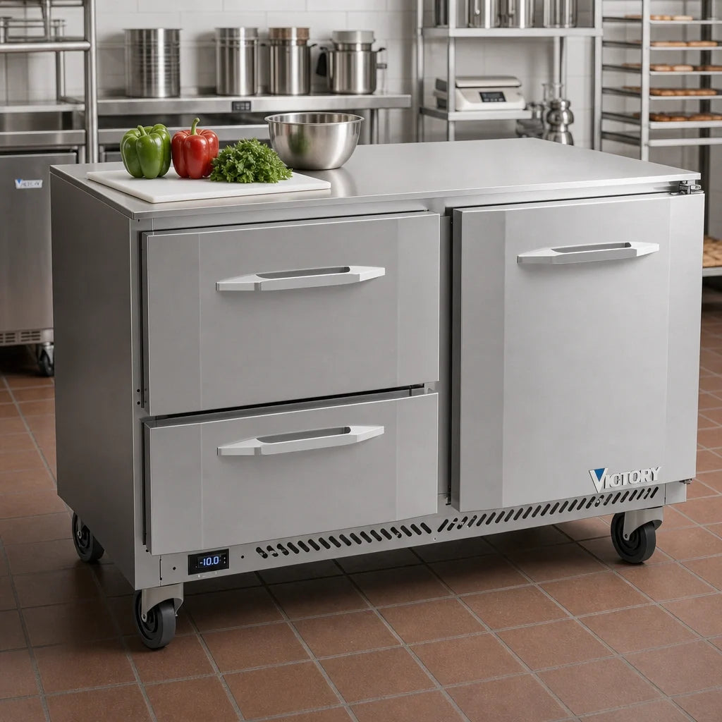 Victory Refrigeration VUFD48HC-2 48-Inch Two-Section Undercounter Freezer with Door and Drawers, Self-Contained R290 Refrigeration