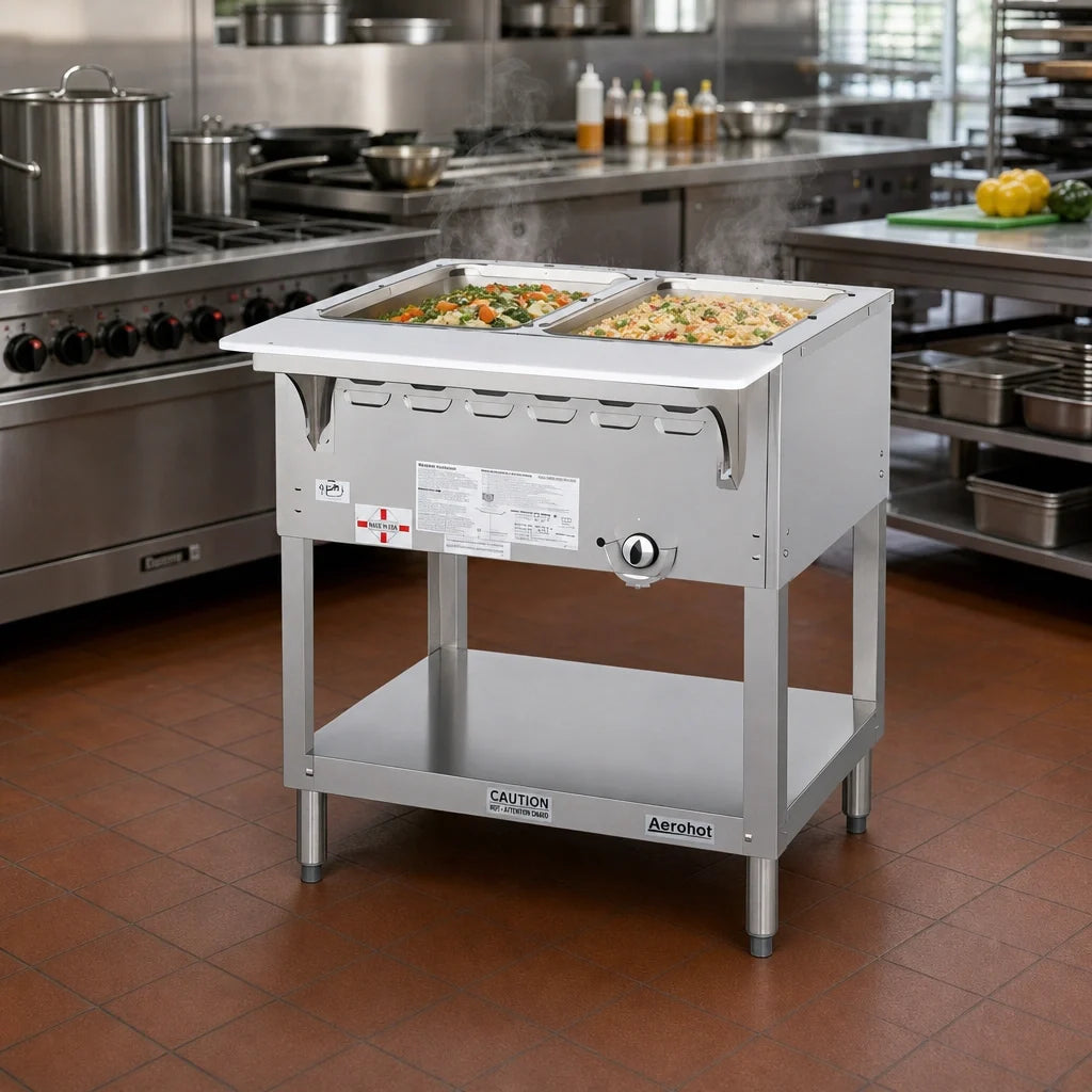 Duke Aerohot WB302 30-3/8-Inch Gas Wet Bath Steam Table, 2-Pan Open Water Bath, Stainless Steel Open Base with Undershelf