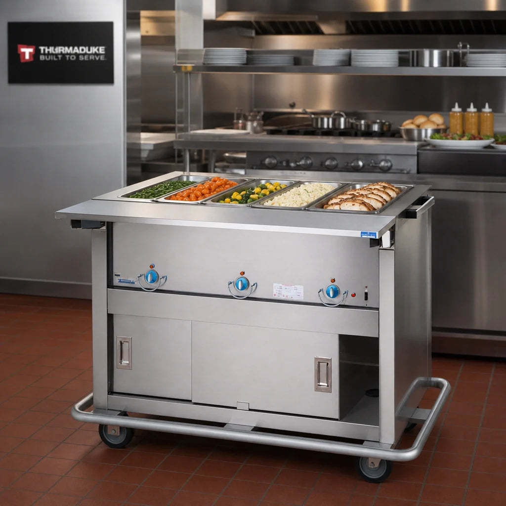 Duke Thurmaduke EP-5-CBSS 74-Inch 5-Well Full-Size Electric Mobile Steamtable with Sealed Wells and Enclosed Base