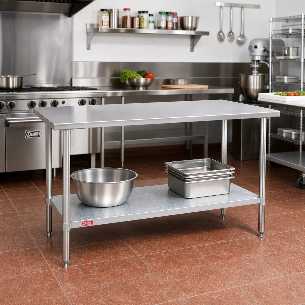 Duke 314-2448 Stainless Steel Work Table, 48 x 24 x 36 in, 14-Gauge 300 Series Top, Galvanized Undershelf