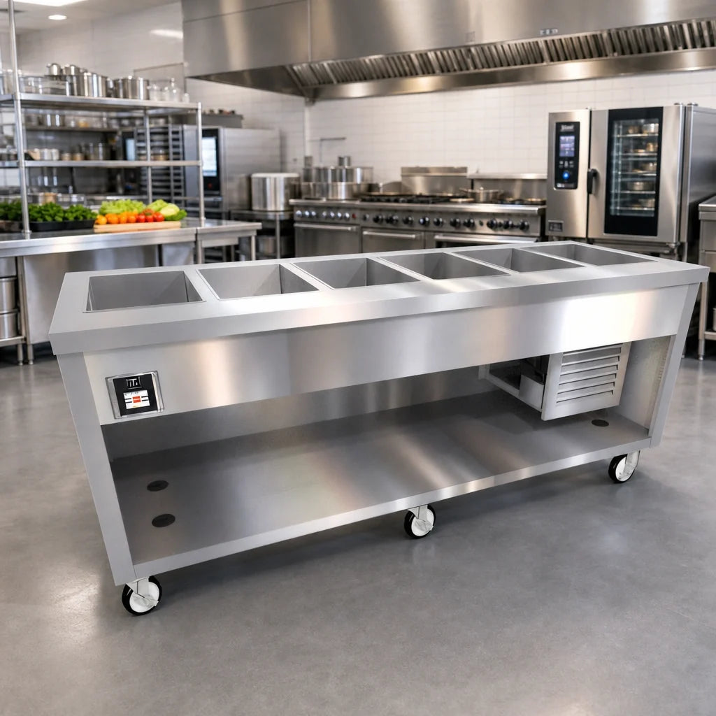 Duke Thurmaduke TFCP-88PG-N7 6-Section 88-Inch Mobile Flush Mount Refrigerated Cold Pan Unit with Digital Controls