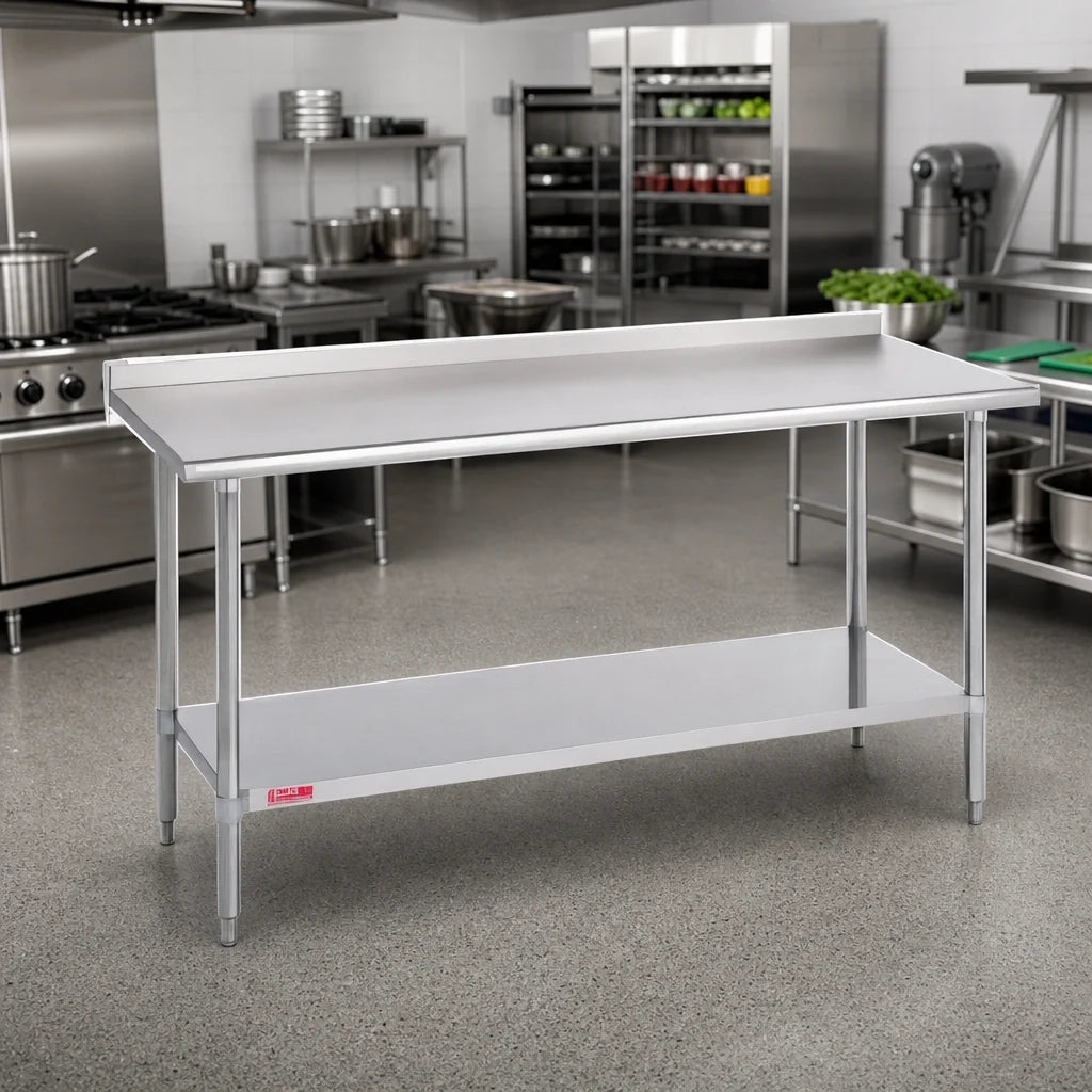 Duke 314-36108-2R 108-Inch 14-Gauge 300-Series Stainless Steel Work Table with Straight Riser and Galvanized Undershelf