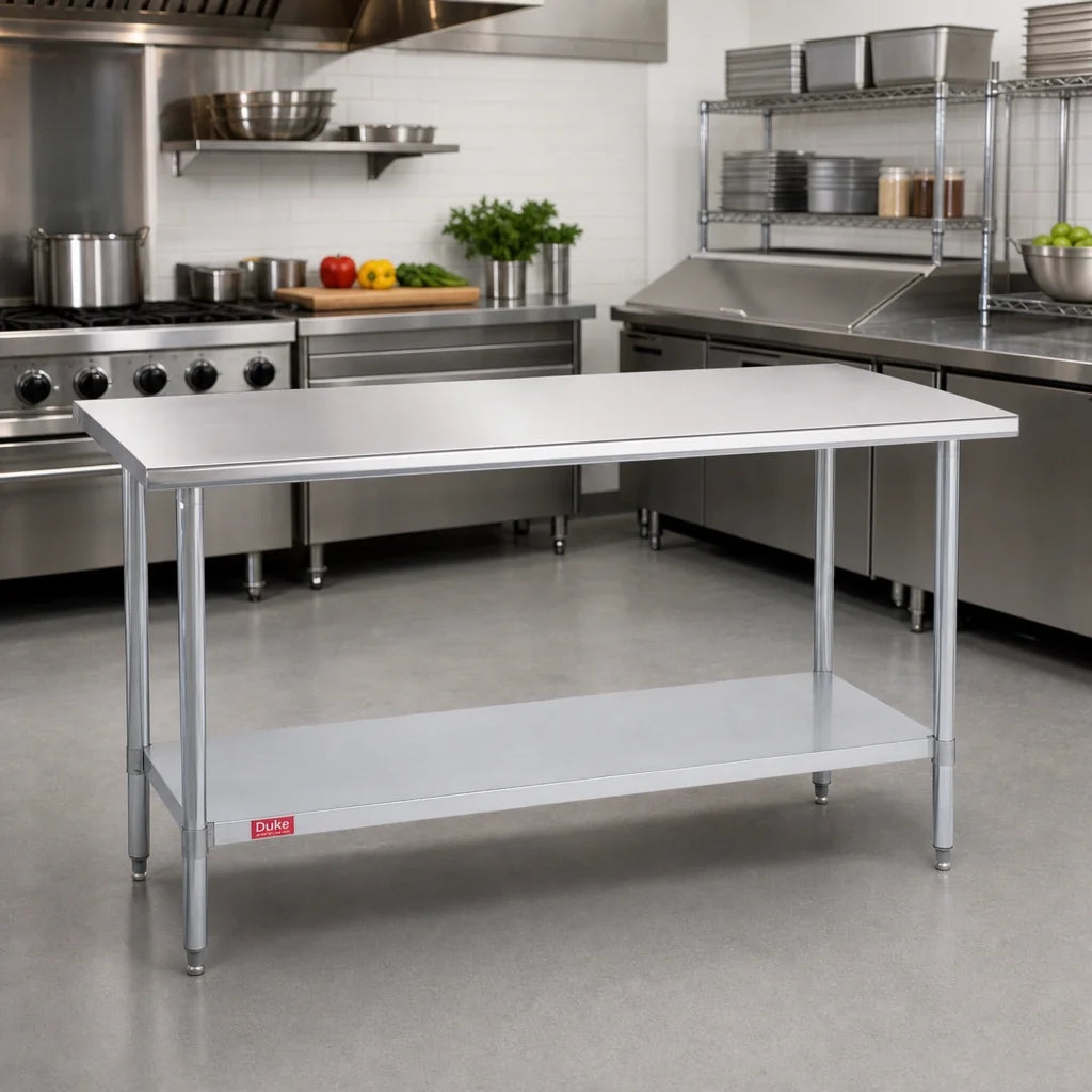 Duke 316-2448 48-Inch x 24-Inch Stainless Steel Work Table, 16/300 Top, Galvanized Undershelf, Flat Top