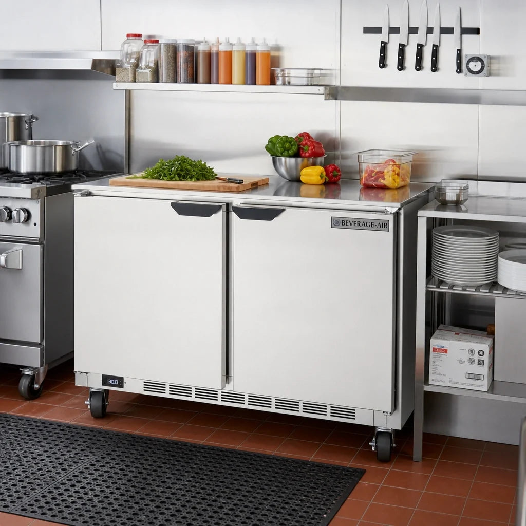 Beverage Air UCF48AHC 48-Inch Two-Section Undercounter Freezer, 2 Solid Doors, Stainless Steel, Rear-Mounted Self-Contained