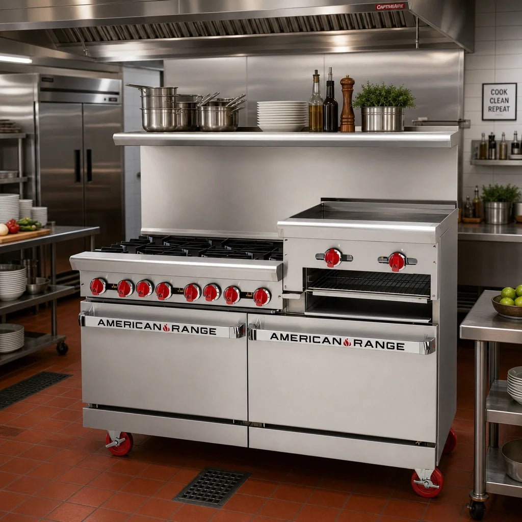 American Range AR-8B-24RG-DSB 72-Inch Gas Restaurant Range with 8 Open Burners, 24-Inch Raised Griddle/Broiler, Dual Storage Bases