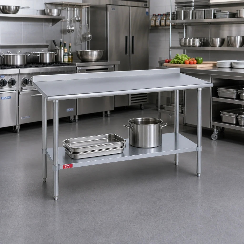 Duke 418-2448-2R 48 x 24 Inch Stainless Steel Work Table, 18-Gauge 400 Series Top, 1-1/8-Inch Riser, Galvanized Undershelf