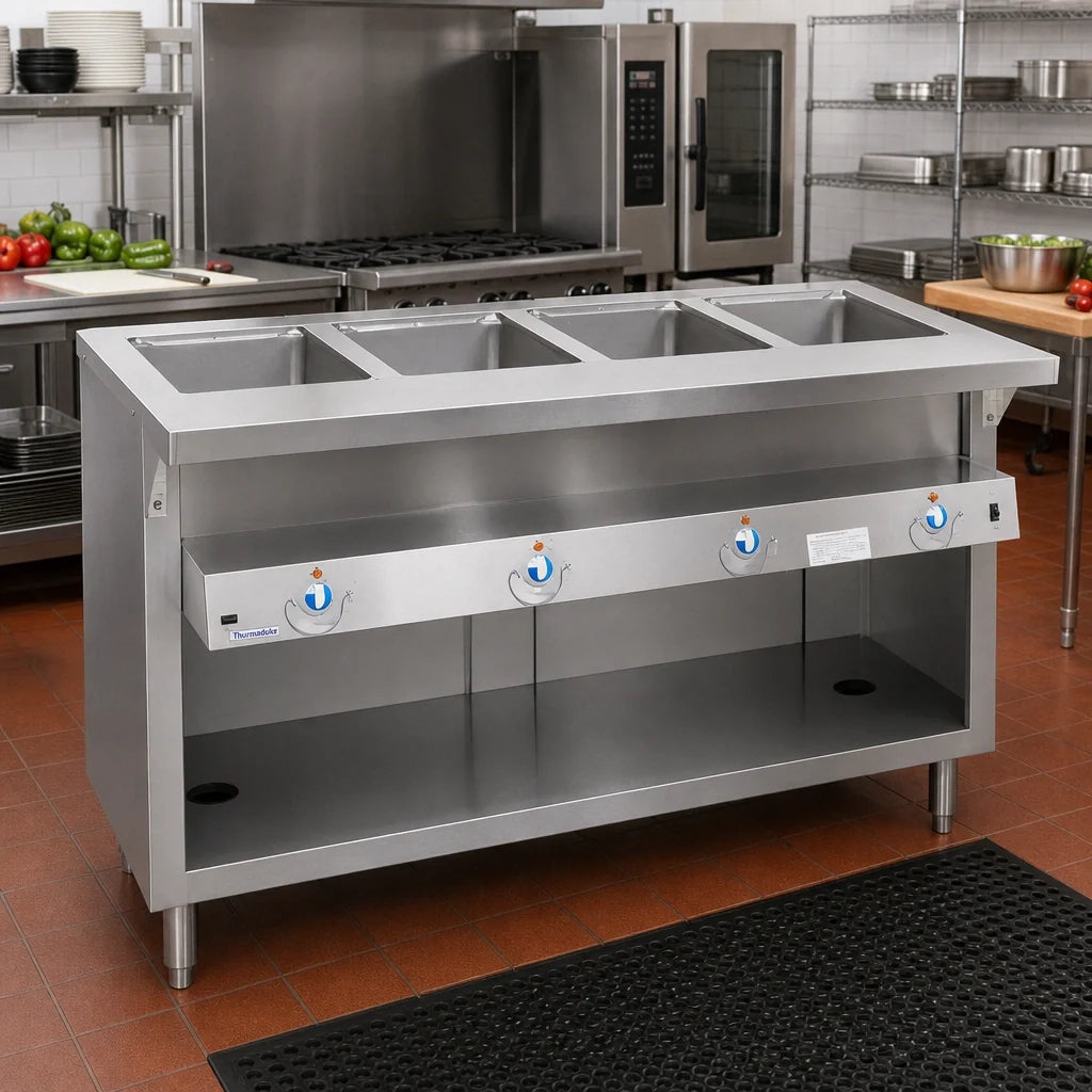 Duke Thurmaduke E-5-DLPG Electric 5-Well Full-Size Sealed-Well Steamtable with Open Storage Base