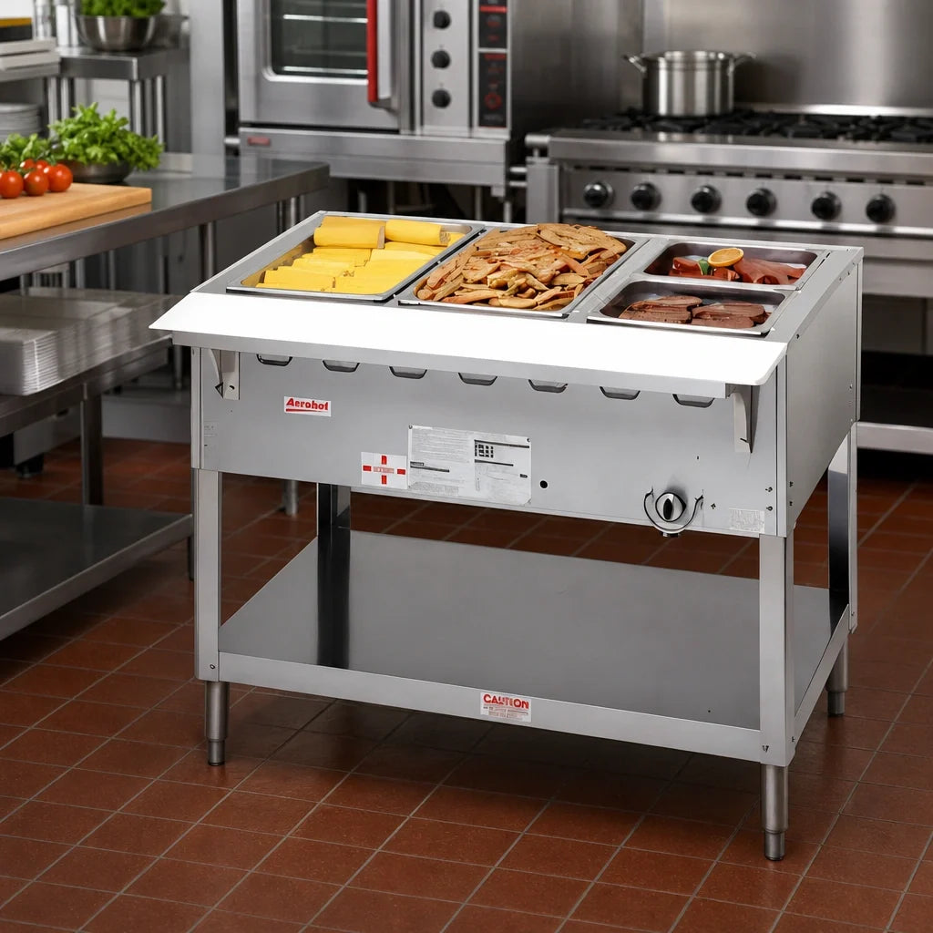 Duke Aerohot WB303 44-3/8 Inch Gas Wet Bath Steam Table, 3-Pan, Stainless Steel, Open Base with Undershelf