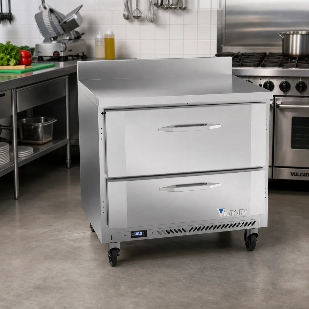 Victory Refrigeration VWFD36HC-2 36-Inch Worktop Freezer Counter, 2 Drawers, Self-Contained Rear-Mounted Refrigeration, Stainless Steel