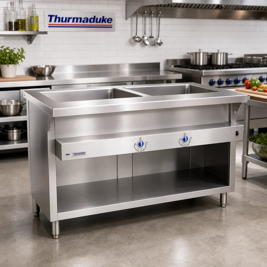 Duke Thurmaduke E-2-DLPG 32-Inch Electric 2-Pan Steamtable Unit with Sealed Wells and Open Storage Base