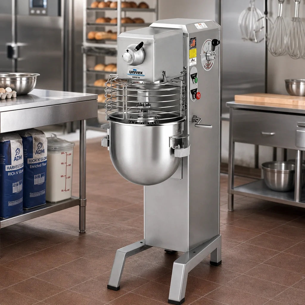 Univex SRMF20 20-Quart Floor Planetary Mixer, Variable Speed, Removable Safety Guard, #12 Hub, 1/2 HP