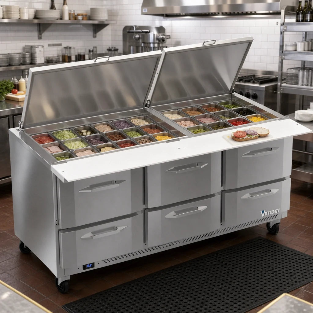Victory Refrigeration UltraSpec™ VSPD72HC-30B-6 72-Inch Three-Section Sandwich Prep Table, 6 Drawers, 30-Pan Top, Self-Contained R290