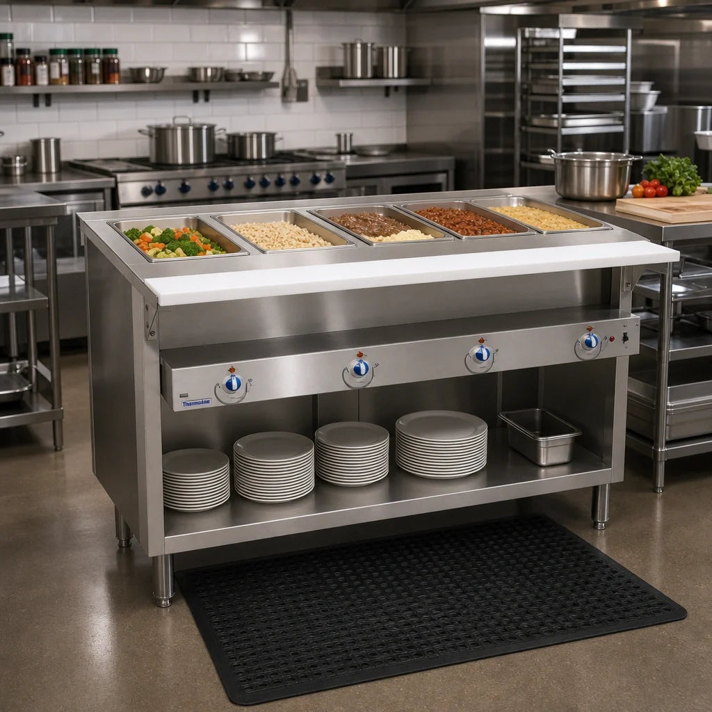 Duke Thurmaduke E-6-DLSS 88-Inch Stainless Steel Electric Steamtable, 6 Sealed Wells, Open Storage Base