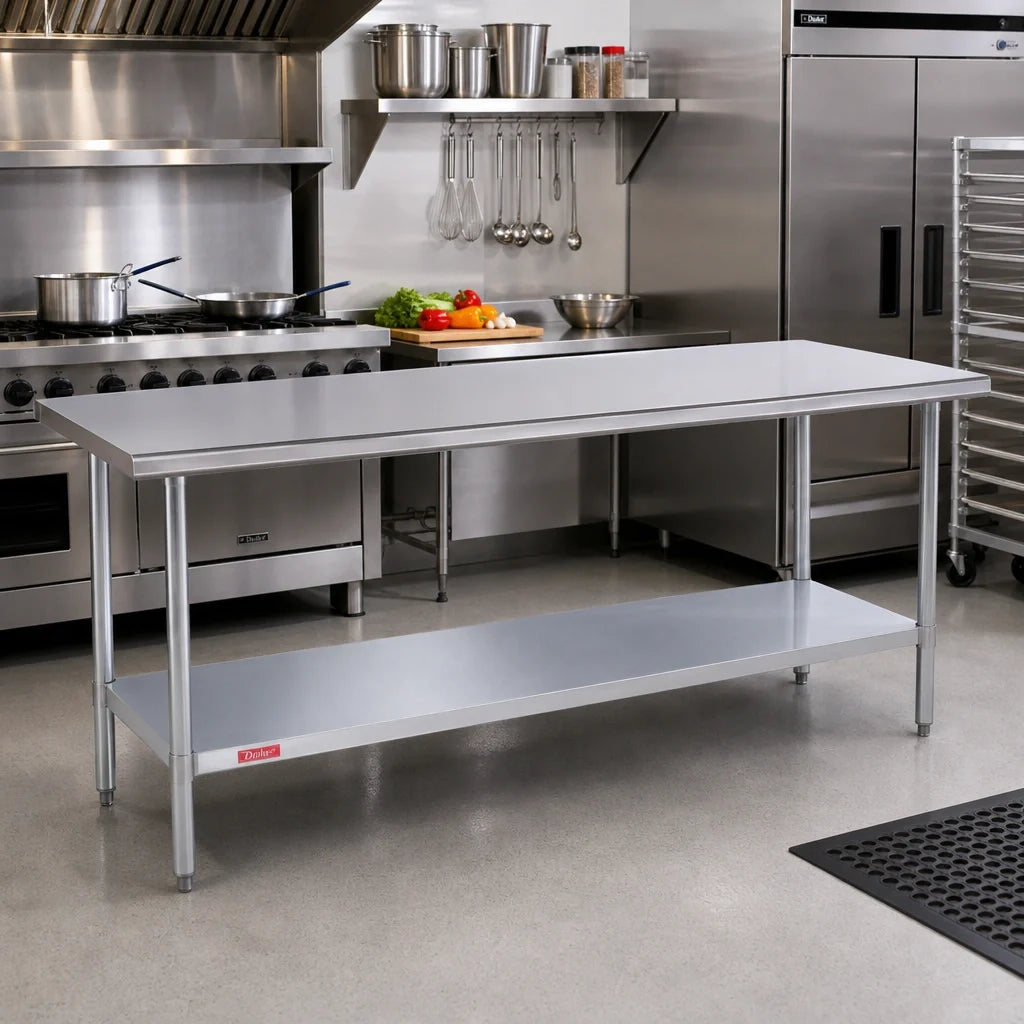 Duke 316-36120 Stainless Steel Work Table, 120"W x 36"D x 36"H, 16-Gauge 300 Series Top, Flat Top, Galvanized Undershelf