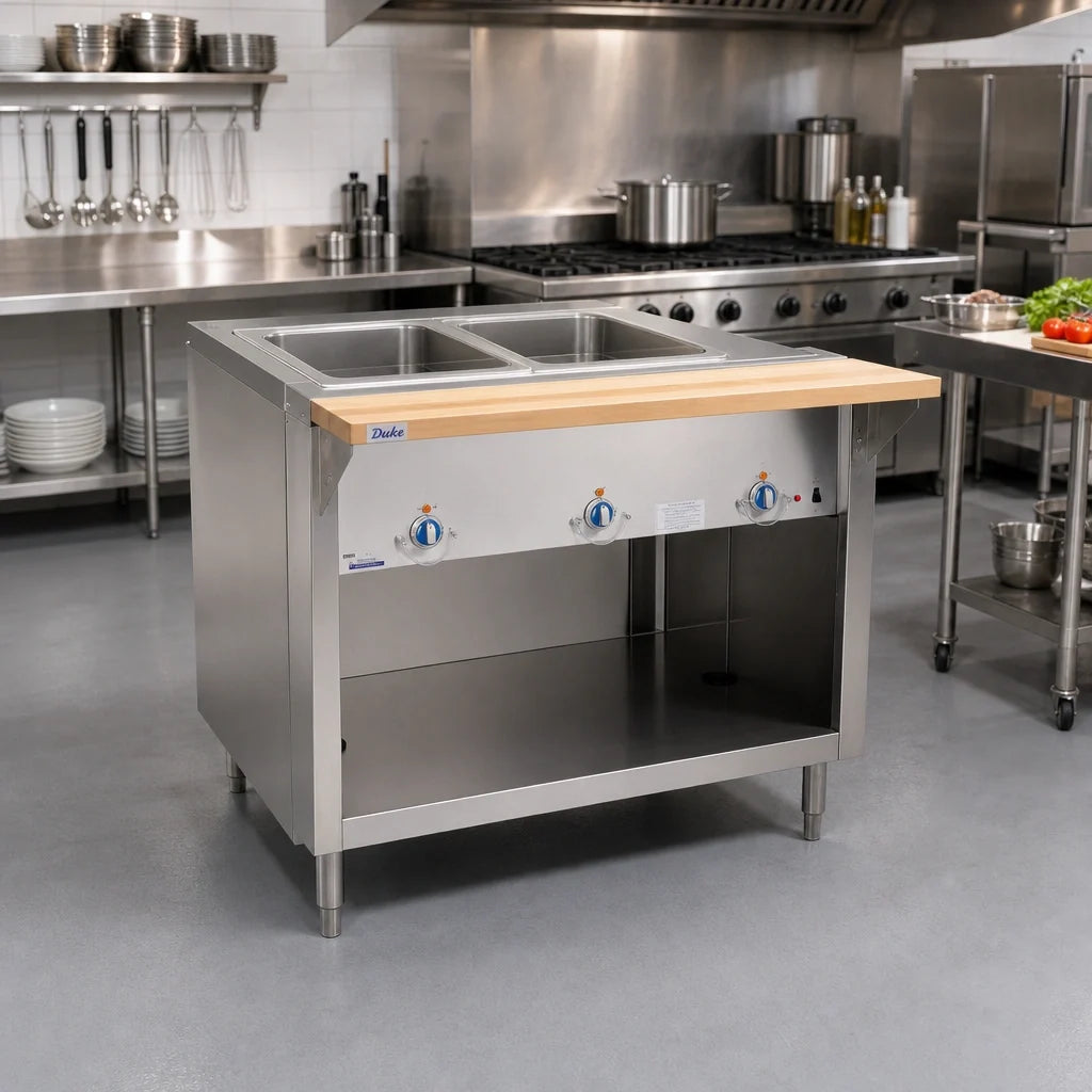 Duke Thurmaduke E-2-CBPG 32-Inch Electric Steamtable with 2 Sealed Wells, Open Storage Base and Thermostatic Controls