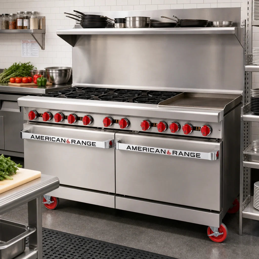 American Range AR-12G-8B-CL-SBR 60-Inch Commercial Gas Range with 12-Inch Griddle, 8 Open Burners, Convection Oven & Storage Base