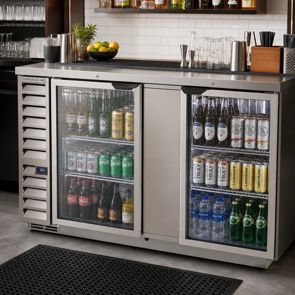 Beverage Air BB68HC-G-S Two-Section Glass Door Back Bar Refrigerator, 68-Inch Wide, Stainless Steel, Self-Contained
